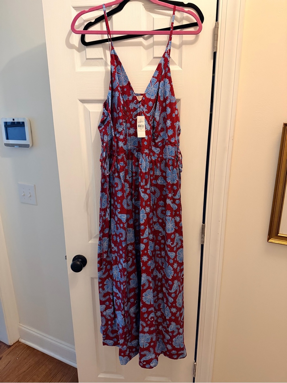 LOFT Red Midi Dress with Light Blue Floral Print